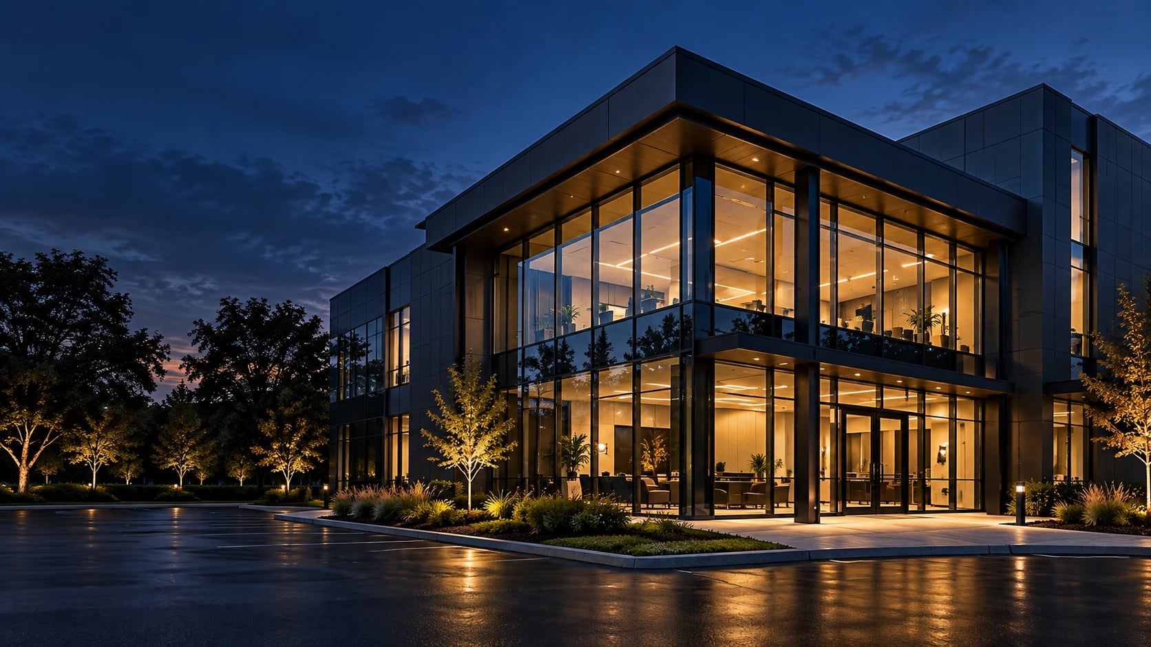 Architectural concept of a refined glass commercial building with warmly lit interiors at dusk