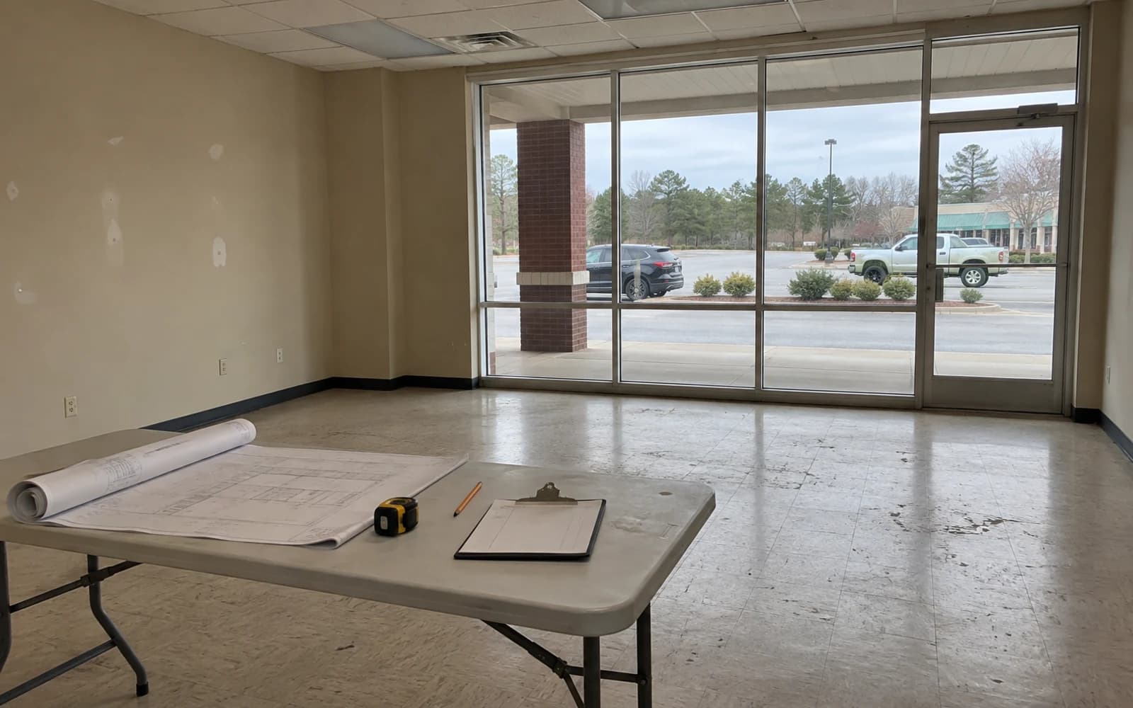 Plans and measuring tools inside a vacant neighborhood retail space