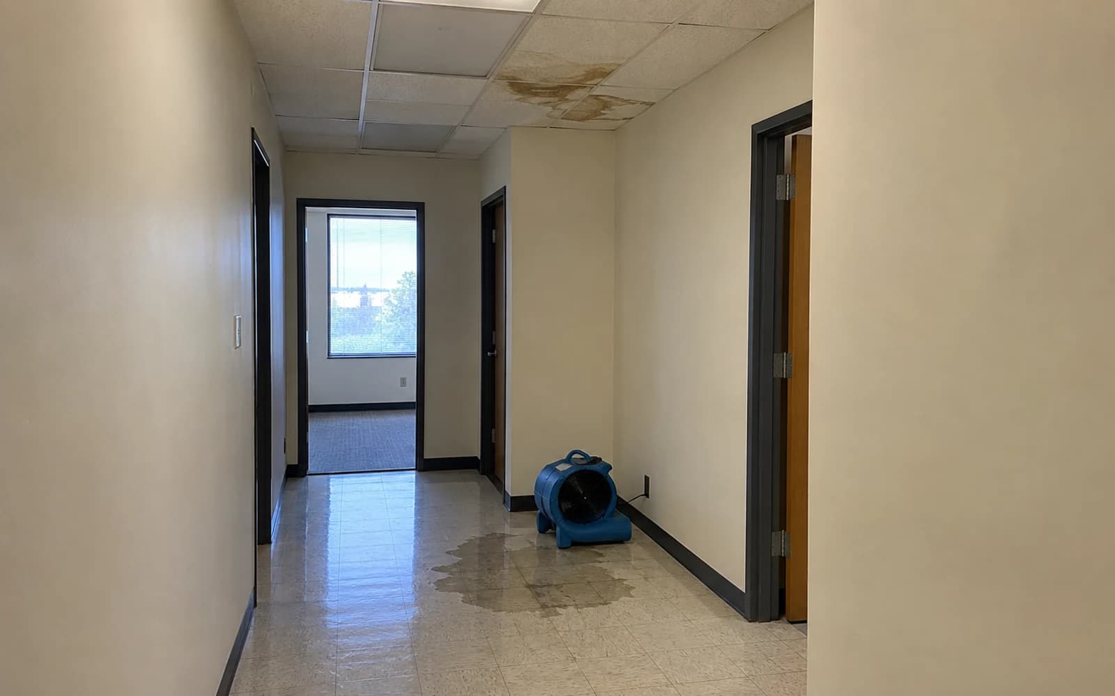 Localized water-stained ceiling in an ordinary office corridor