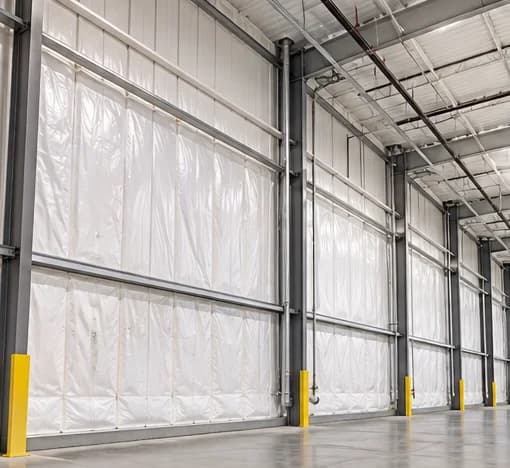 White insulation facing installed between warehouse wall framing